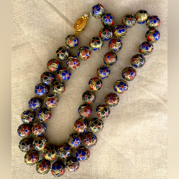 Cloisonné Chinese Champlevé High Relief Enamel Gold Beads Knotted Necklace - Picture 2 of 7